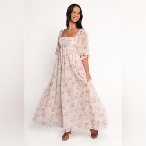 Petal & Pup Sonnet Shimmer Square Neck Empire Waist Maxi Dress Pink Floral Sz S